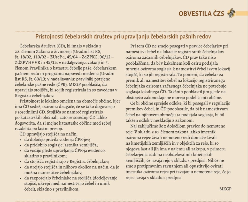 Pristojnosti čebelarskih društev pri upravljanju čebelarskih pašnih redov, Slovenski čebelar 4/2023